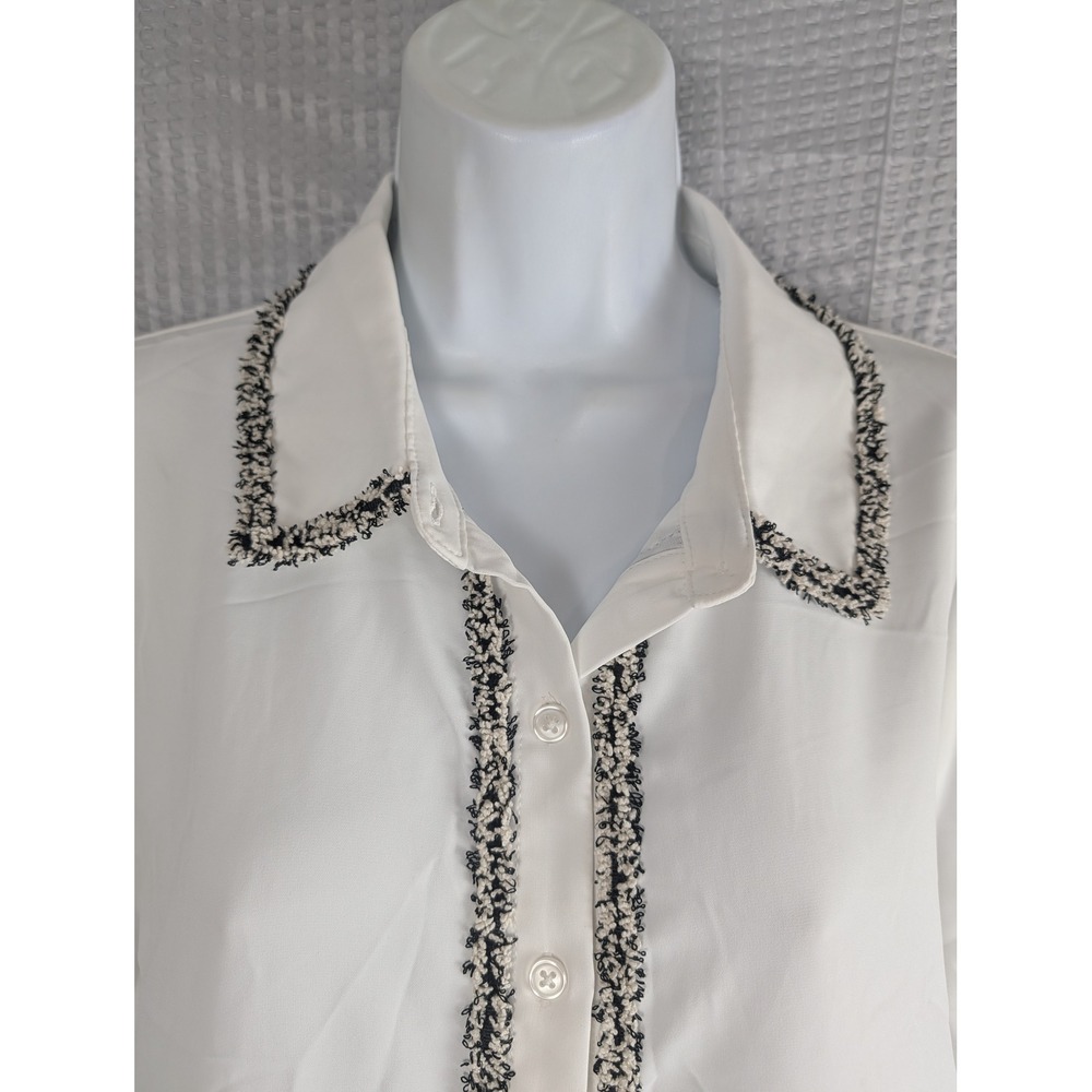 Adrianna Papell Womens Ivory Tweed Trim Button-Up Blouse L/XL Ivory Black Top - Picture 4 of 15